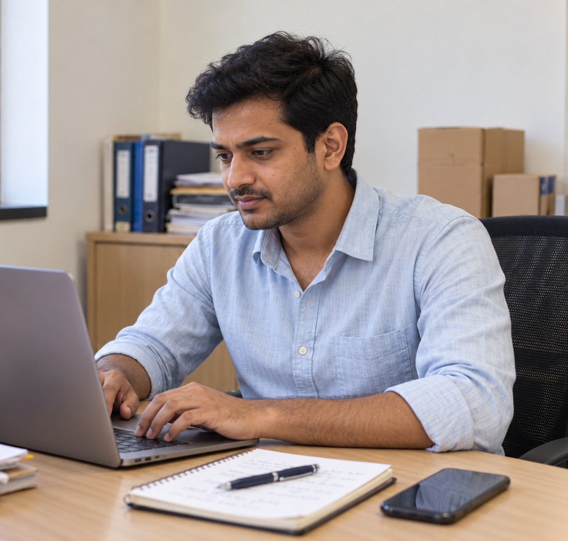 A young business owner at his desk, typing on his laptop with a notebook, pen, phone and paperwork beside him